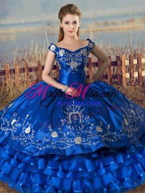 High End Royal Blue Sleeveless Floor Length Embroidery and Ruffled Layers Lace Up Quinceanera Gown