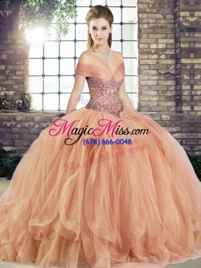 Floor Length Peach Ball Gown Prom Dress Off The Shoulder Sleeveless Lace Up