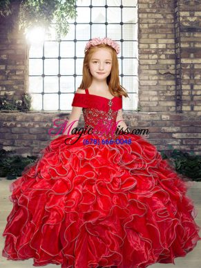 New Arrival Red Organza Lace Up Pageant Dress for Teens Sleeveless Floor Length Beading and Ruffles