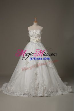 Great White Sleeveless Tulle Brush Train Lace Up Wedding Dresses for Wedding Party