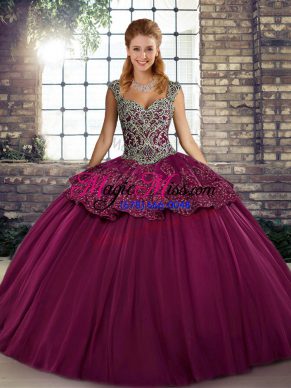 Fuchsia Ball Gowns Beading and Appliques Ball Gown Prom Dress Lace Up Tulle Sleeveless Floor Length