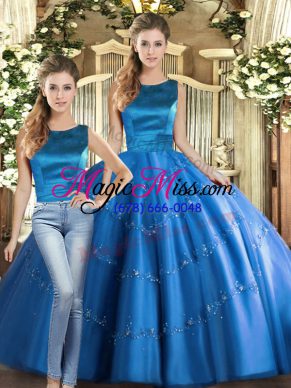 Dazzling Tulle Scoop Sleeveless Lace Up Appliques Sweet 16 Quinceanera Dress in Blue