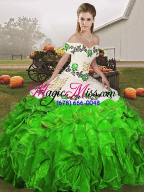 Shining Organza Off The Shoulder Sleeveless Lace Up Embroidery and Ruffles Ball Gown Prom Dress in Green