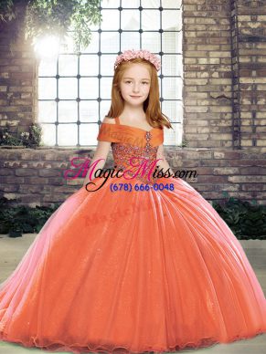 Floor Length Orange Red Little Girls Pageant Dress Tulle Sleeveless Beading
