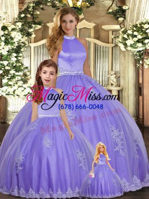 Lavender Tulle Backless Halter Top Sleeveless Floor Length 15th Birthday Dress Beading and Appliques
