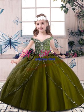 Best Olive Green Ball Gowns Straps Sleeveless Tulle Floor Length Lace Up Beading Little Girl Pageant Gowns