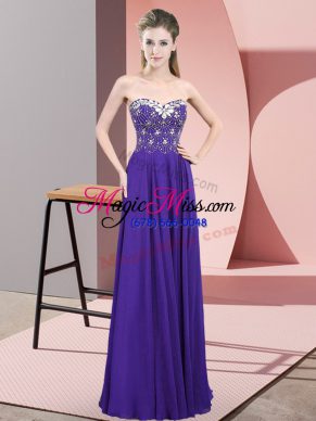 Purple Sleeveless Floor Length Beading Zipper Prom Gown