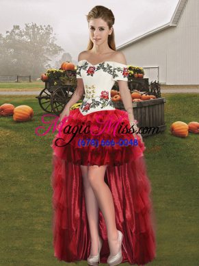 Wine Red Organza Lace Up Off The Shoulder Sleeveless High Low Red Carpet Prom Dress Embroidery and Ruffled Layers