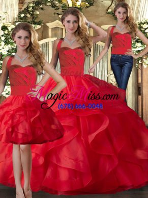 Red Sleeveless Tulle Lace Up Quinceanera Gown for Military Ball and Sweet 16 and Quinceanera