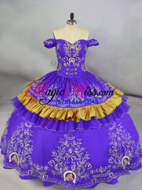 Luxury Floor Length Lace Up Quinceanera Gown Purple for Sweet 16 and Quinceanera with Embroidery