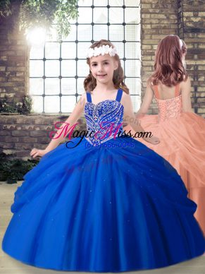 Sleeveless Tulle Floor Length Lace Up Pageant Dress for Girls in Royal Blue with Beading