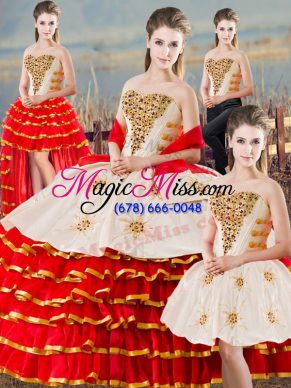 Floor Length Lace Up Quinceanera Gowns White And Red for Sweet 16 and Quinceanera with Beading and Ruffled Layers