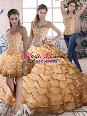 Charming Organza Sweetheart Sleeveless Brush Train Lace Up Beading and Ruffles Quinceanera Dresses in Gold