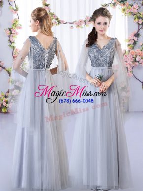 Grey Lace Up Bridesmaid Dress Appliques Sleeveless Floor Length