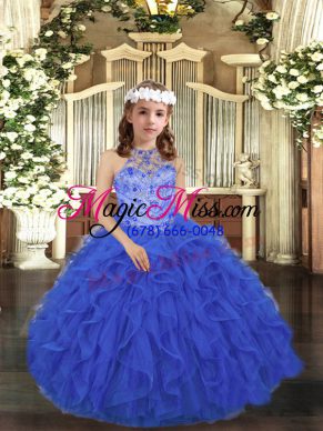 Super Royal Blue Sleeveless Beading and Ruffles Floor Length Pageant Gowns For Girls