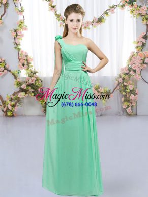 One Shoulder Sleeveless Quinceanera Court of Honor Dress Floor Length Hand Made Flower Turquoise Chiffon