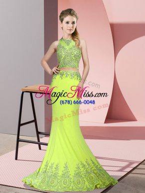 Fantastic Yellow Green Mermaid High-neck Sleeveless Satin Sweep Train Zipper Beading and Appliques Prom Gown