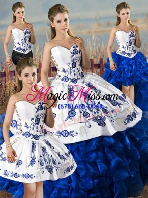 Blue And White Satin and Organza Lace Up Ball Gown Prom Dress Sleeveless Floor Length Embroidery and Ruffles