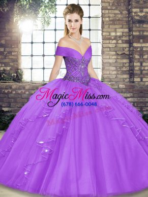 Off The Shoulder Sleeveless Tulle Quinceanera Gowns Beading and Ruffles Lace Up