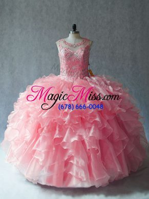 Clearance Pink Ball Gowns Organza Scoop Sleeveless Beading and Ruffles Lace Up Sweet 16 Dress