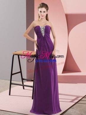 Ideal Dark Purple Chiffon Zipper Evening Wear Sleeveless Floor Length Beading