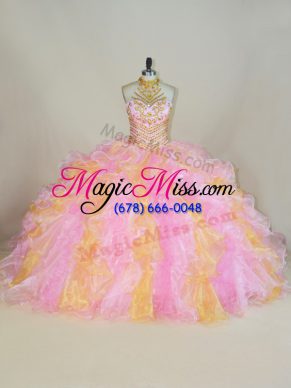 Multi-color Organza Lace Up Halter Top Sleeveless Floor Length Quinceanera Gown Beading and Ruffles