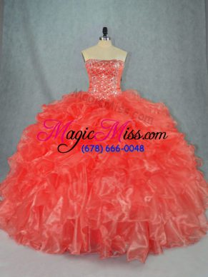 Floor Length Lace Up 15th Birthday Dress Red for Sweet 16 and Quinceanera with Beading and Ruffles