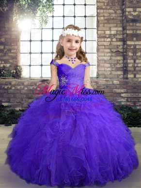Stunning Sleeveless Tulle Floor Length Lace Up Little Girls Pageant Gowns in Purple with Beading and Ruffles