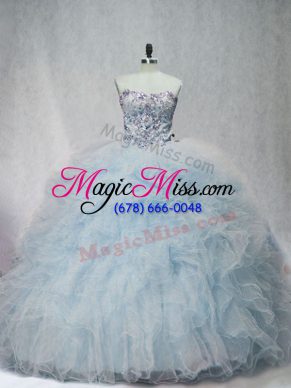 Admirable Light Blue Ball Gowns Sweetheart Sleeveless Tulle Brush Train Lace Up Beading and Ruffles Sweet 16 Quinceanera Dress