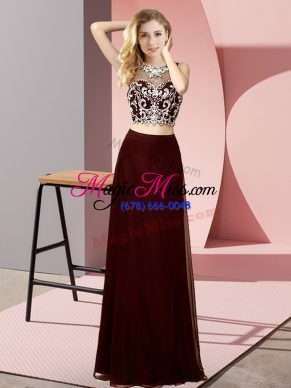 Decent Chiffon Scoop Sleeveless Backless Beading Prom Party Dress in Brown