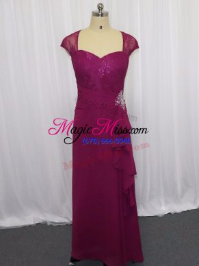 Custom Designed Fuchsia Column/Sheath Chiffon Sweetheart Cap Sleeves Beading and Lace and Appliques Floor Length Zipper Dress for Prom