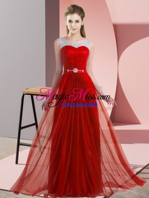 Red Chiffon Lace Up Quinceanera Court Dresses Sleeveless Floor Length Beading