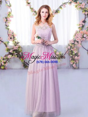 Lavender Empire Tulle Scoop Sleeveless Lace and Belt Floor Length Side Zipper Bridesmaid Gown