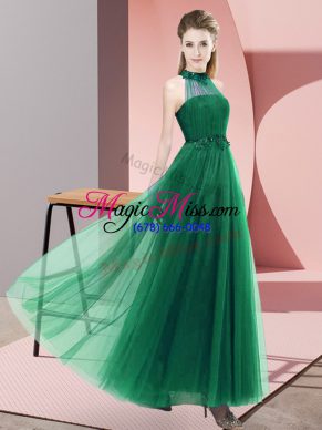 Superior Dark Green Tulle Lace Up Bridesmaid Dress Sleeveless Floor Length Beading and Appliques