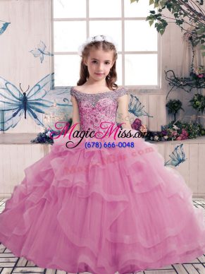Popular Lilac Tulle Lace Up Scoop Sleeveless Floor Length Girls Pageant Dresses Beading