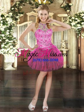 Discount Fuchsia Sleeveless Tulle Lace Up Junior Homecoming Dress for Prom and Party