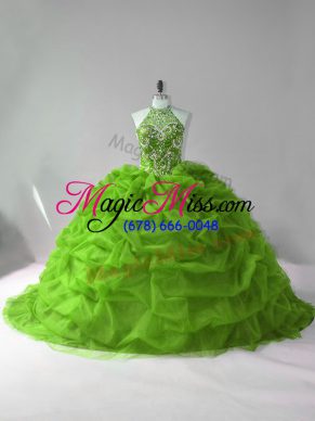 Fashion Halter Top Sleeveless Court Train Lace Up Sweet 16 Quinceanera Dress Green Organza