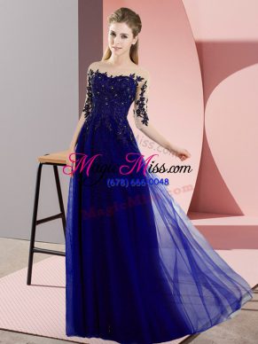 Designer Blue Bateau Neckline Beading and Lace Dama Dress for Quinceanera Half Sleeves Lace Up
