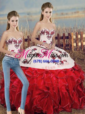 Classical Floor Length White And Red Sweet 16 Quinceanera Dress Sweetheart Sleeveless Lace Up