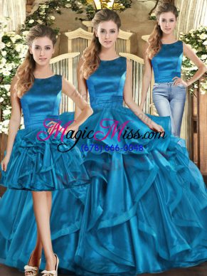 Cute Floor Length Three Pieces Sleeveless Teal Sweet 16 Dresses Lace Up
