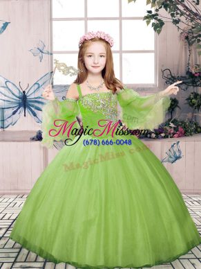 Champagne Tulle Lace Up Spaghetti Straps Long Sleeves Floor Length Little Girls Pageant Dress Wholesale Beading