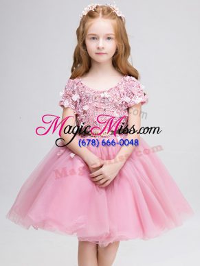 Noble Mini Length Pink Flower Girl Dress Scoop Short Sleeves Lace Up