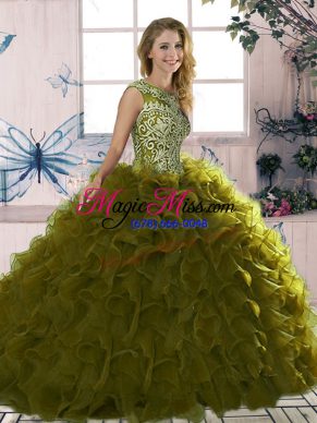 Edgy Olive Green Organza Lace Up Scoop Sleeveless Floor Length Sweet 16 Dresses Beading and Ruffles