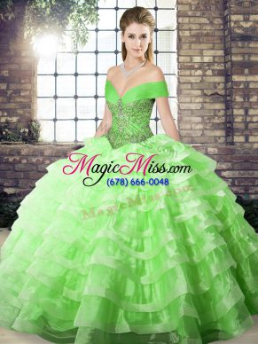 Organza Off The Shoulder Sleeveless Brush Train Lace Up Beading and Ruffled Layers Sweet 16 Dresses in