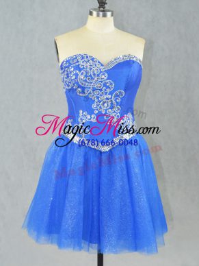 Wonderful Sweetheart Sleeveless Prom Party Dress Mini Length Beading Blue Tulle
