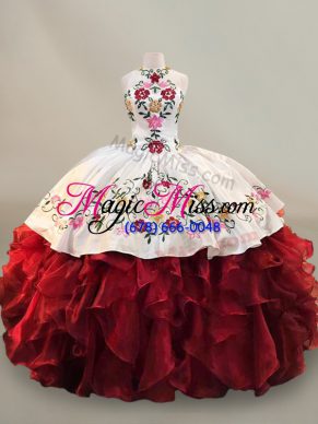 Amazing Red Lace Up Halter Top Embroidery and Ruffles Quinceanera Gown Organza Sleeveless