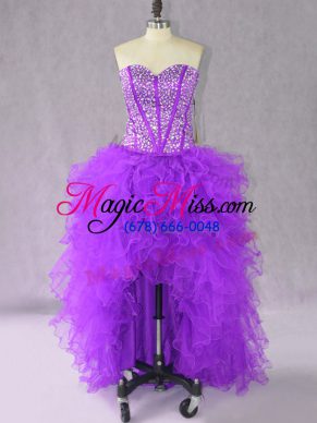 Perfect Purple A-line Beading and Ruffles Dress for Prom Lace Up Organza Sleeveless High Low