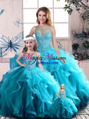 Aqua Blue Ball Gowns Scoop Sleeveless Tulle Floor Length Lace Up Beading and Ruffles Vestidos de Quinceanera