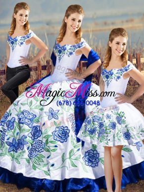 Custom Design Blue And White Lace Up Sweet 16 Quinceanera Dress Embroidery and Ruffles Sleeveless Floor Length