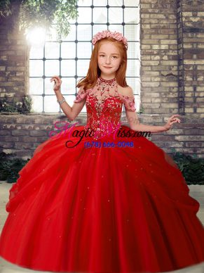 Red Ball Gowns Beading Little Girl Pageant Dress Lace Up Tulle Sleeveless Floor Length